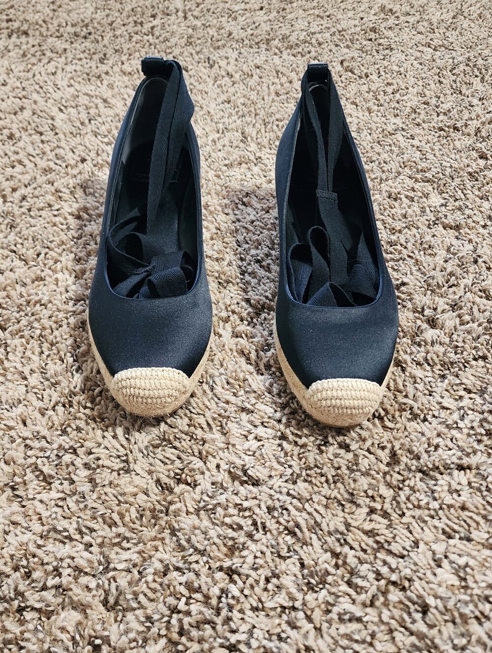 Tory Burch Black Satin Lace Up Espadrille Wedges Flats Size 7 Preppy - Picture 4 of 10